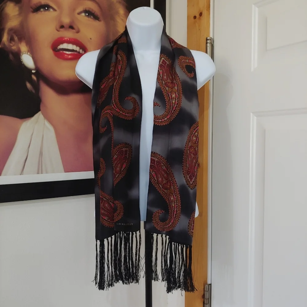 Laura Ashley 100% Silk Scarf, Black/Paisley Print